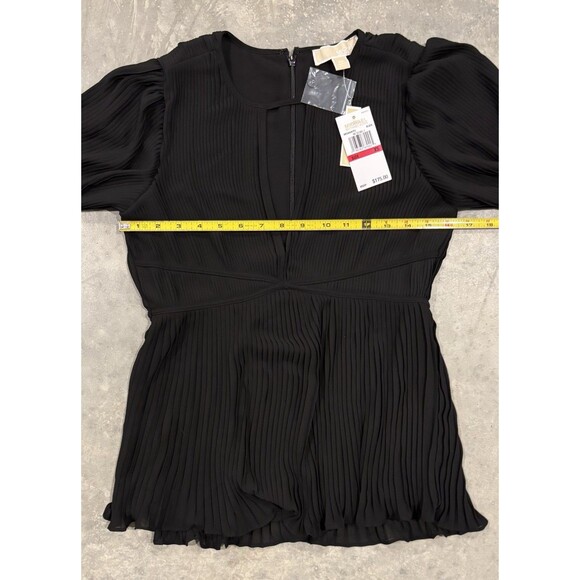 NWT Michael Kors Pleated Top Blouse Puff Sleeves Keyhole Neck Women’s XS Black - Picture 3 of 7